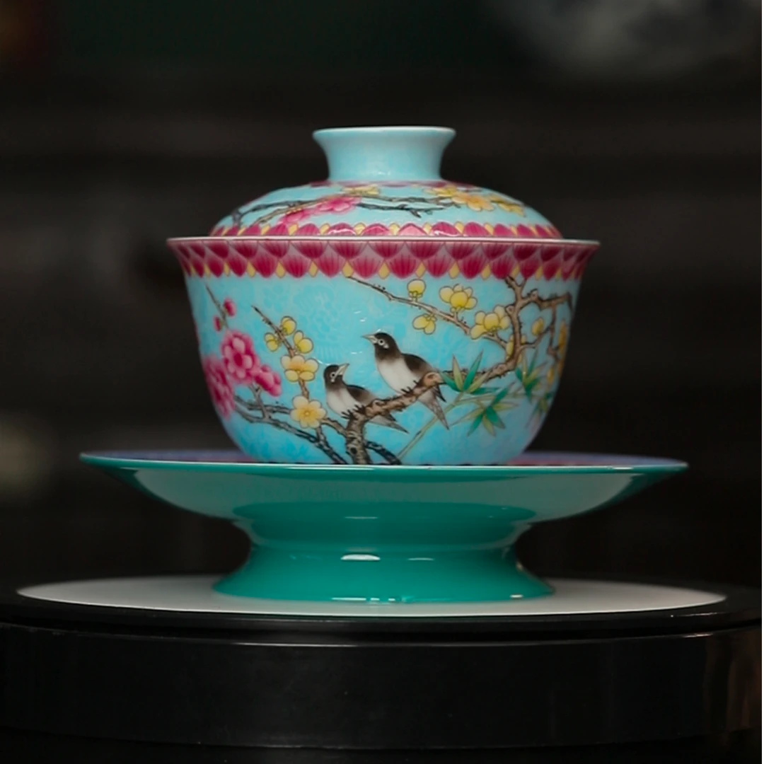 12.13/G1760/李祖华/重工珐琅扒花花鸟三才盖碗