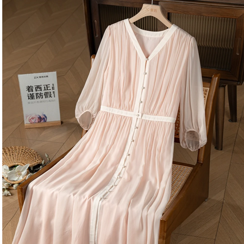 ZHUOXI/着西 萱重磅高贵舒适简约时尚休闲七分短袖连衣裙 M090-T