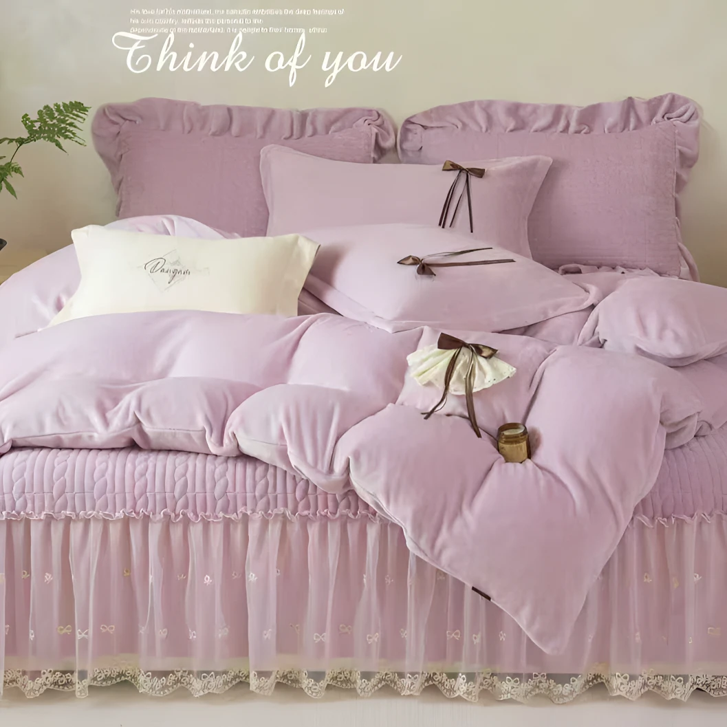 幸福相伴加厚纯色防寒抗静电全消光牛奶绒床裙蕾丝款加绒四件套