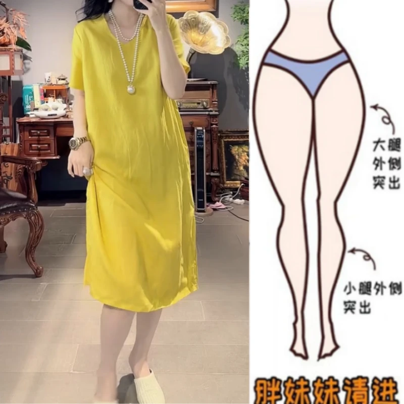 梨型身材夏新款V领宽松显瘦慵懒风简约时尚连袖侧开叉亚麻连衣裙