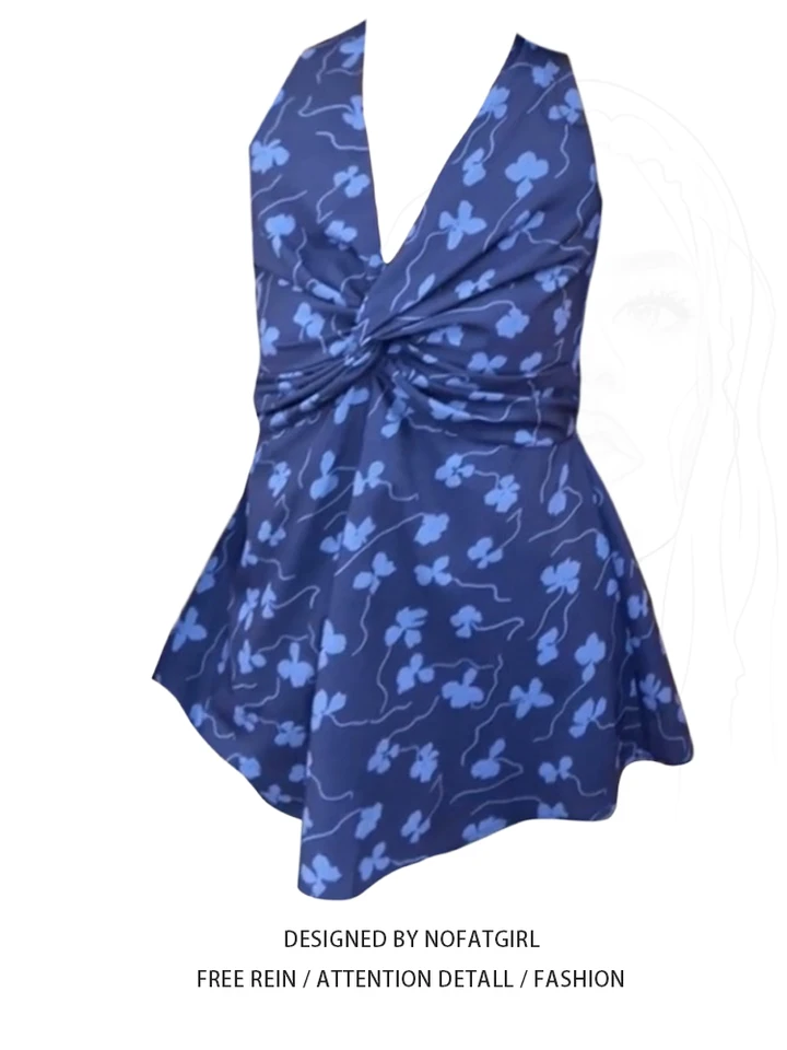 法式复古蓝色无袖V领挂脖衬衫女夏装设计感小众宽松短款碎花上衣