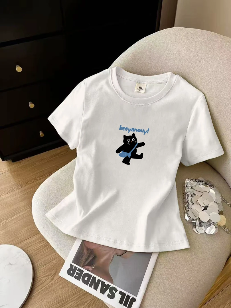 春夏圆领字母猫咪印花T恤时尚百搭休闲卡通显瘦修身辣妹ins小众