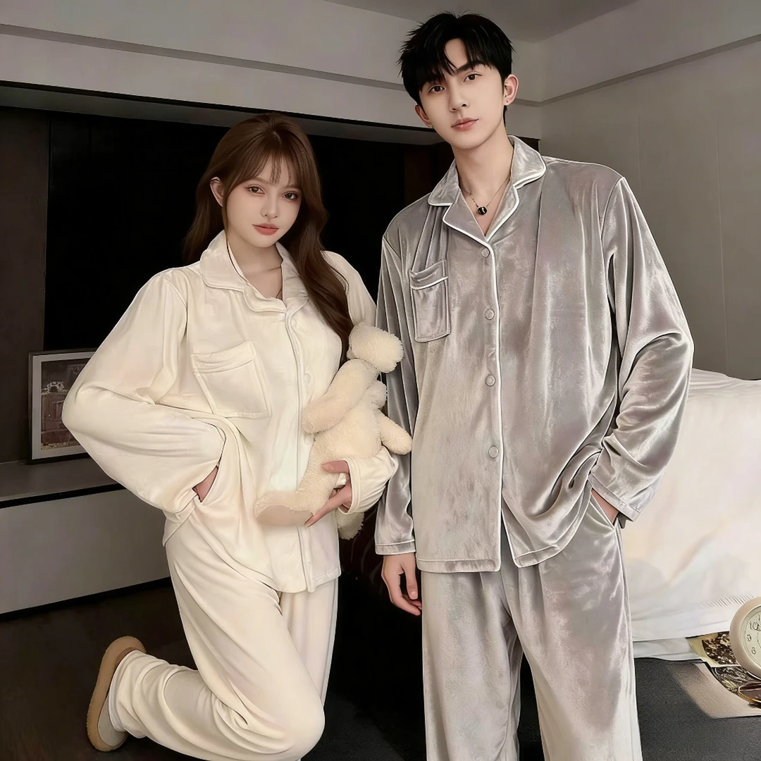 海岛绒情侣睡衣女秋冬季新款高级感薄绒保暖加厚男士款开衫家居服