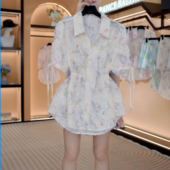 “凡间精灵” 新法式春夏慵懒感中长款宽松休闲衬衫套装    Y661