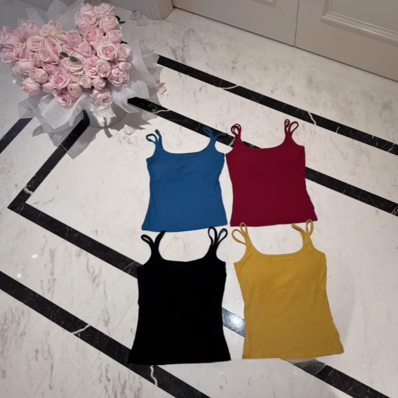 胖婷大码定制胖mm「四色吊带背心」春夏双肩带背心上衣自带胸杯女