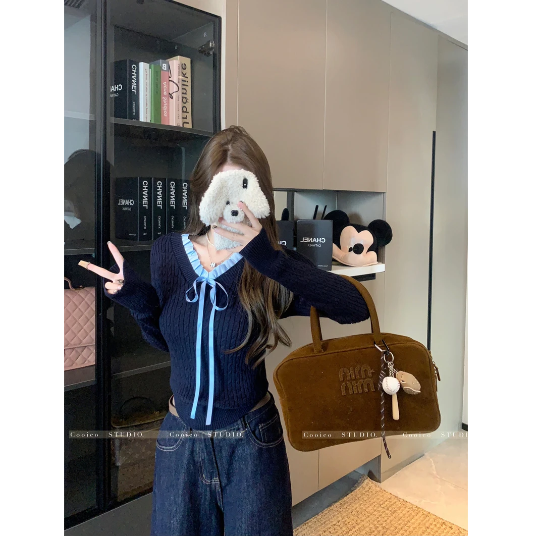 秋冬气质拼接撞色蝴蝶结设计感针织衫毛衣女上衣