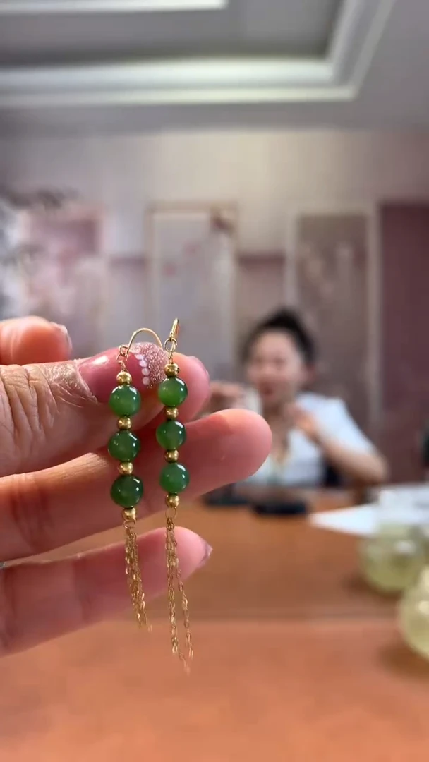 和田玉18K金镶嵌挂件碧玉金镶耳饰