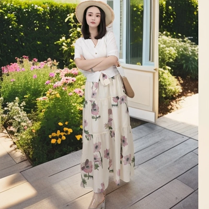 【鄂】25年夏季新款休闲薄款桑蚕丝拼接蛋糕碎花半裙-ER0070