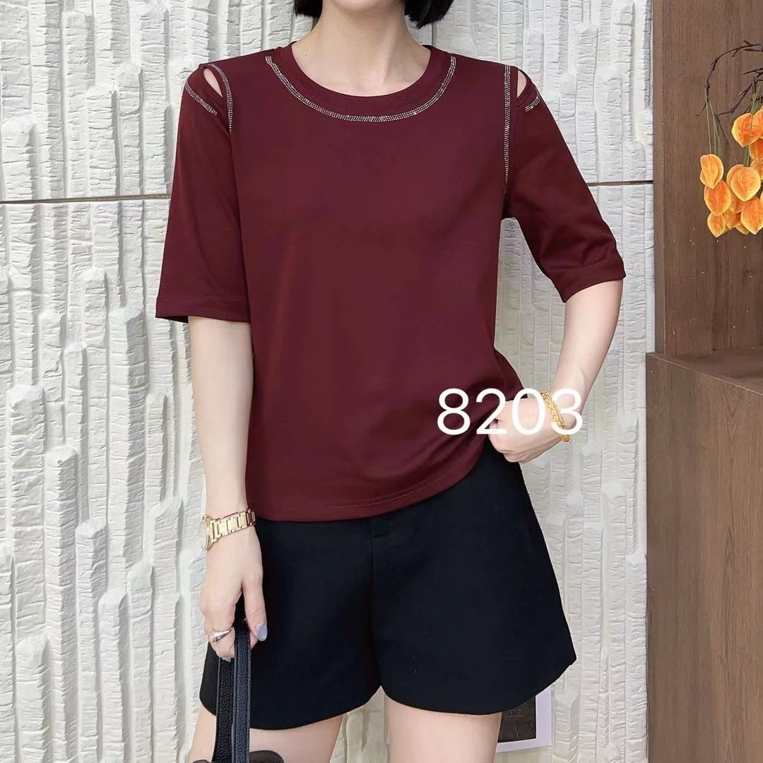 小施家气质工艺闪钻纯色显瘦中袖T恤8203