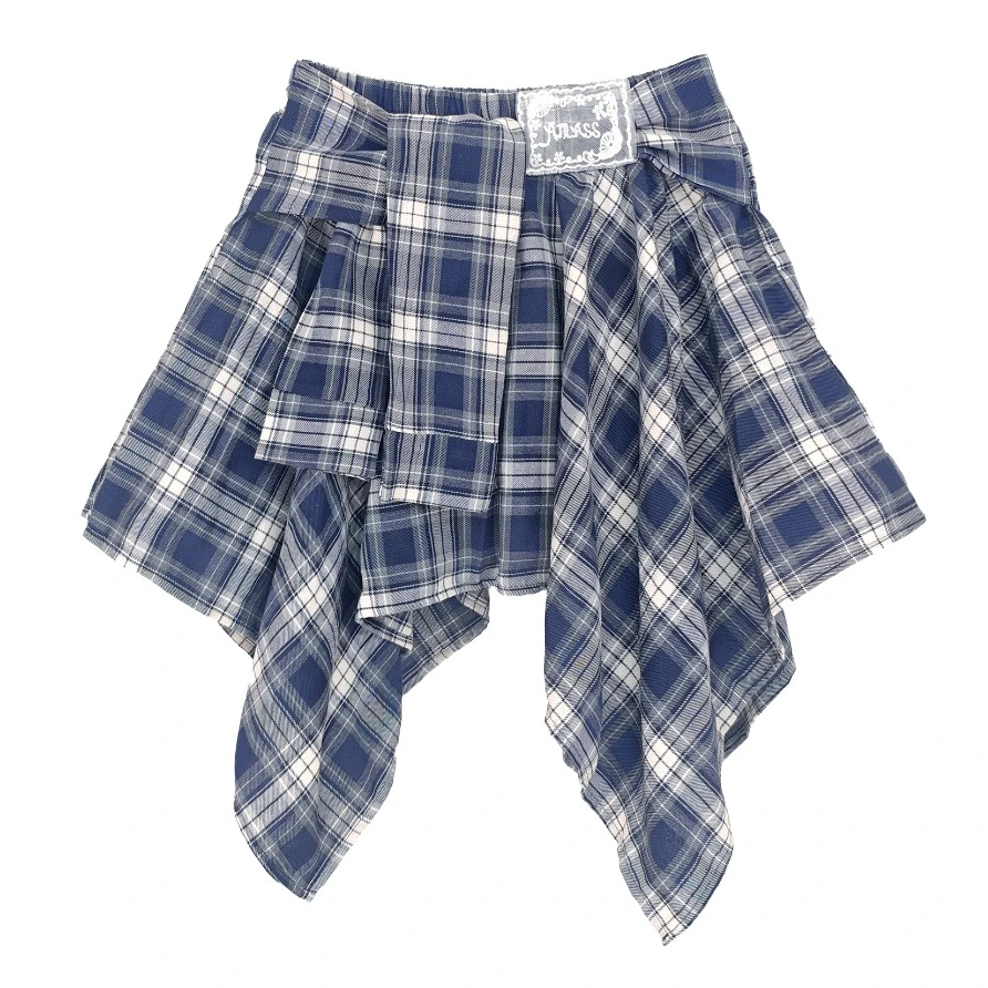 不规则格子半身裙设计高腰显瘦复古百搭短裙蕾丝刺绣红色格纹夏