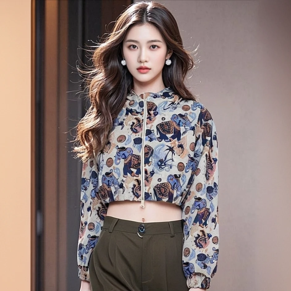 深圳南油秋冬厚款短外套女士常规款拉链连帽提花满印印花时尚