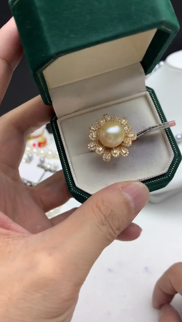 银S925镶嵌FF海水珍珠金珠戒指