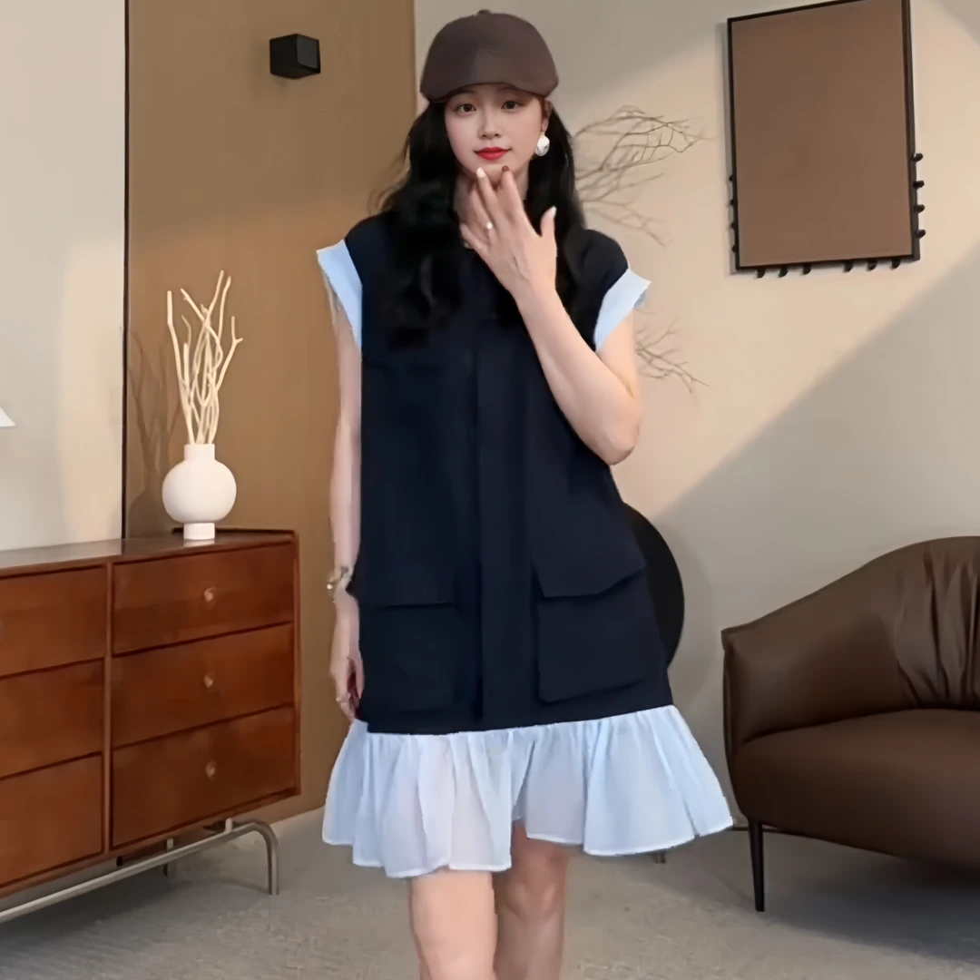 拼接撞色减龄连衣裙女2025夏季大码胖MM遮肉显瘦时尚百搭气质裙子