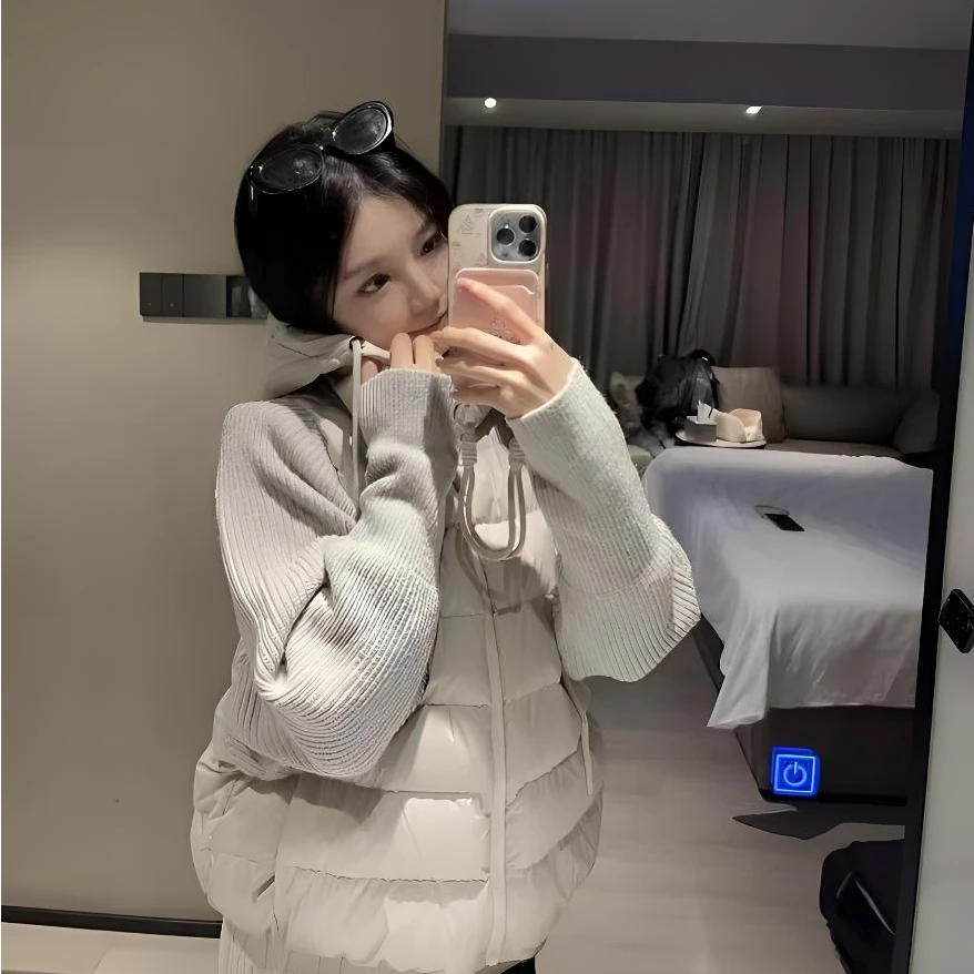 轻薄针织袖拼接棉服女假俩件连帽秋冬新款设计感显瘦保暖外套