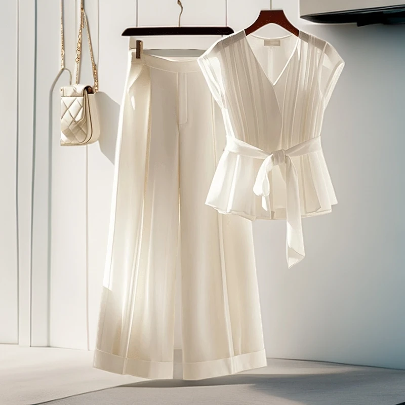 2025新款法式气质V领上衣高腰显瘦裤子两件套夏装搭配一整套装女