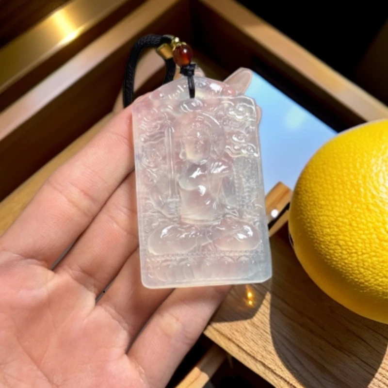 岫玉白冰料不动明王生肖守护鸡方牌吊坠手工双面雕刻