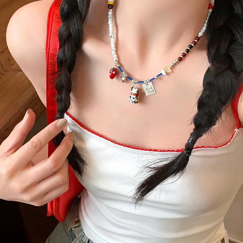 非金属树脂项链 卡通童趣小众彩色可爱斑点狗手工串珠项链锁骨链