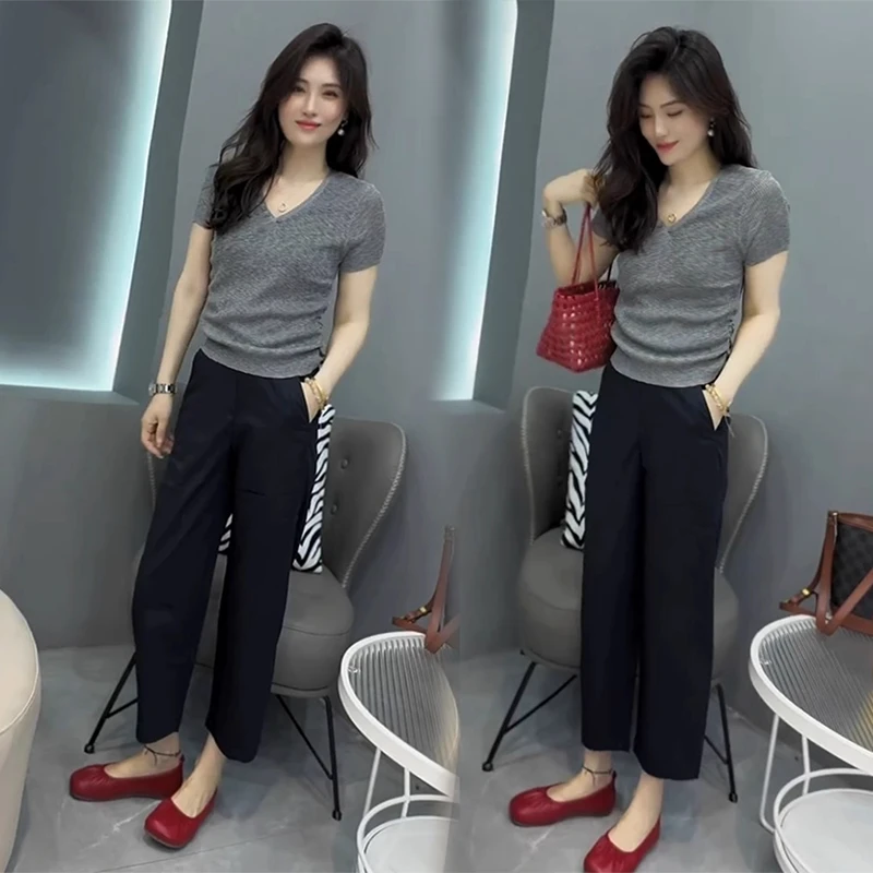 淑女套装女夏季2025新款韩系简约收腰短袖上衣洋气百搭显瘦休闲裤