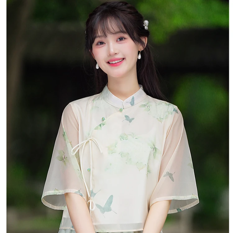 夏季印花蝴蝶短款法式中国风衬衫上衣短袖气质时尚复古古风中式