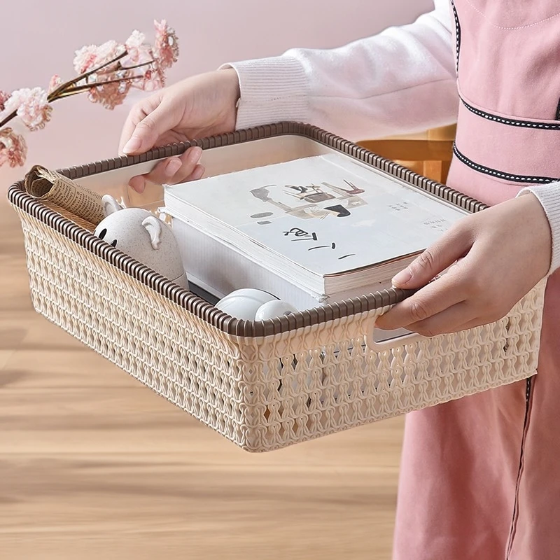 【大号加厚杂物收纳篮】仿藤编桌面收纳盒家用厨房收纳筐零食洗澡篮