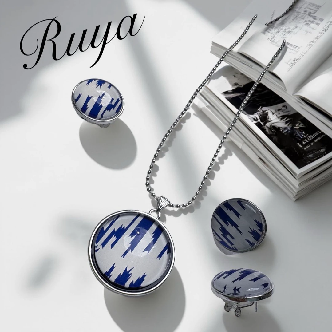 钛钢耳饰 艾德莱斯民族风长款ins三件套蓝色吊坠饰品配饰