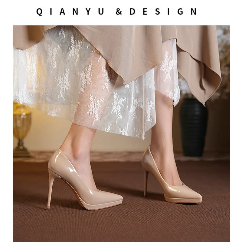 法式绝美单鞋尖头防水细跟高跟鞋杏色高跟鞋白色伴娘时髦小姨风