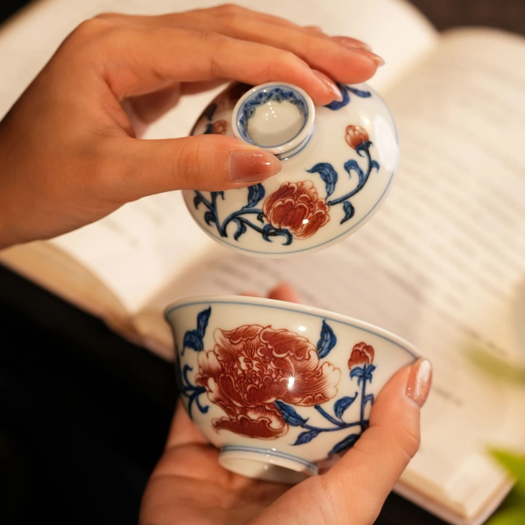 勤义堂原矿青花釉里芍药花盖碗景德镇名窑手工手绘高端茶器