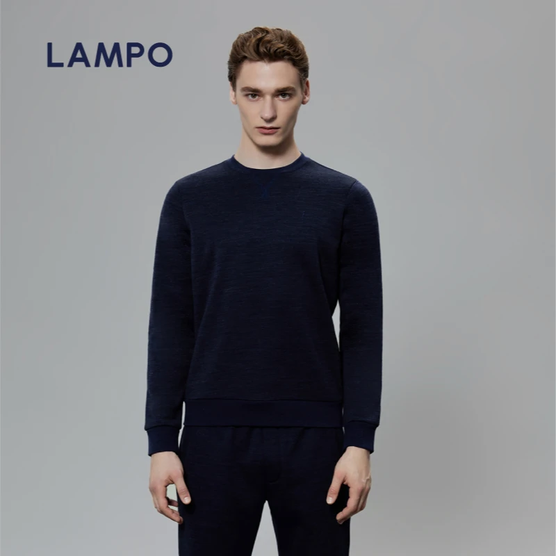 【LAMPO】蓝豹秋冬深蓝纯色时尚舒适套头圆领卫衣