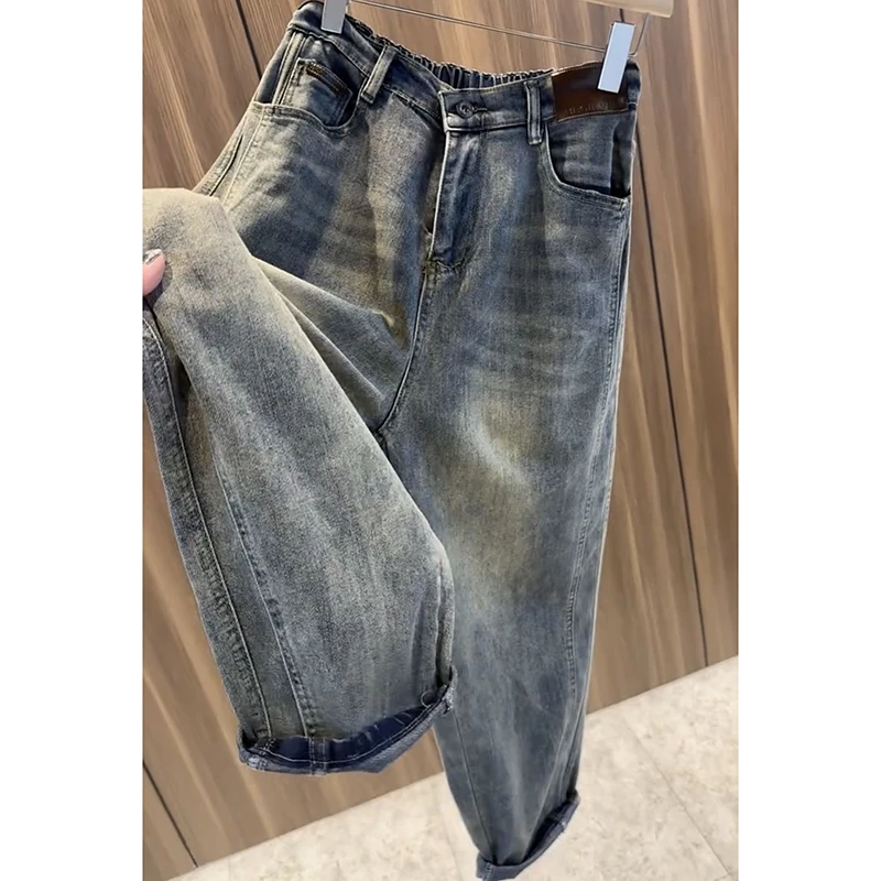 梨形显瘦大码女装复古蓝九分哈伦老爹牛仔裤子女士洋气减龄