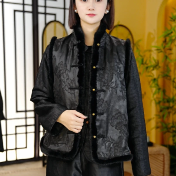 （LL）香云纱桑蚕丝国风水貂毛提花盘扣香云纱时尚马甲