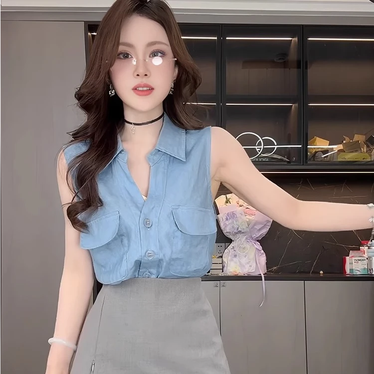 韩版小翻领无袖v领薄款衬衫A字半身裙两件套女装夏季通勤显瘦套装