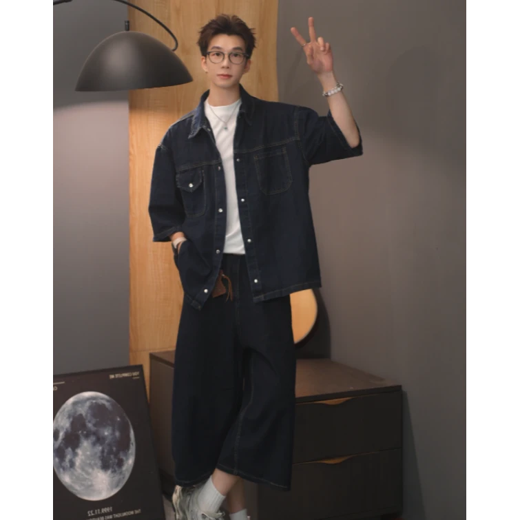 夏季美式休闲复古宽松牛仔休闲日系百搭短袖港风衬衫七分裤套装