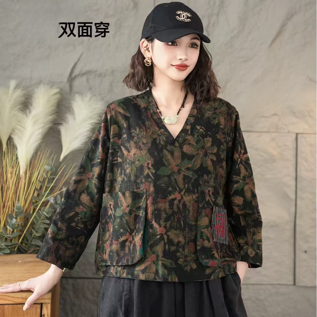 C3005春季新款国风双面穿T恤短款印花吸汗V领上衣时尚网红气质