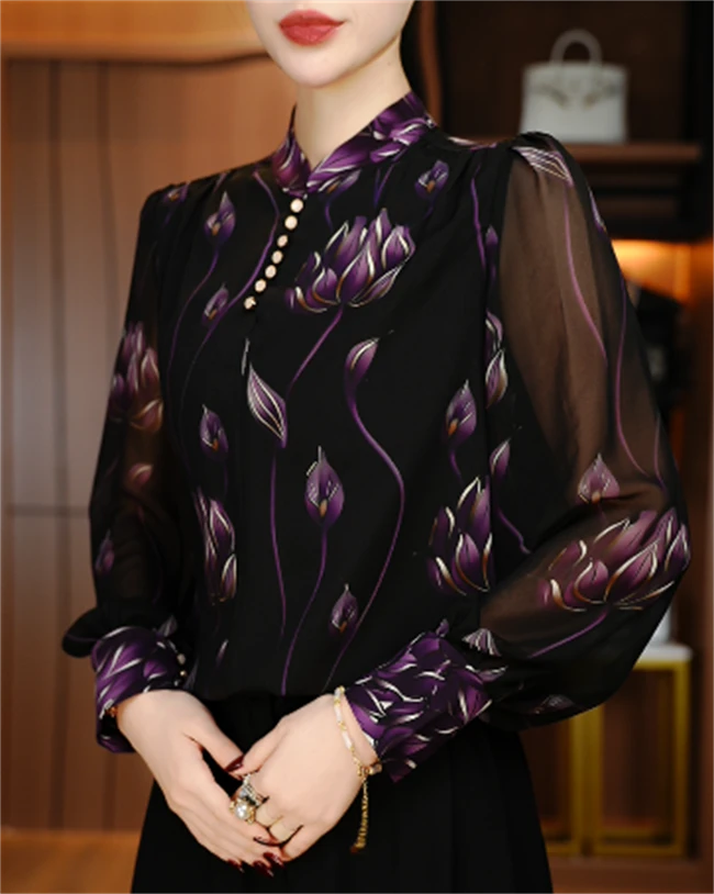 SY 秋季时尚显瘦优雅洋气气质休闲印花百搭半高领领衬衫V24Q0612