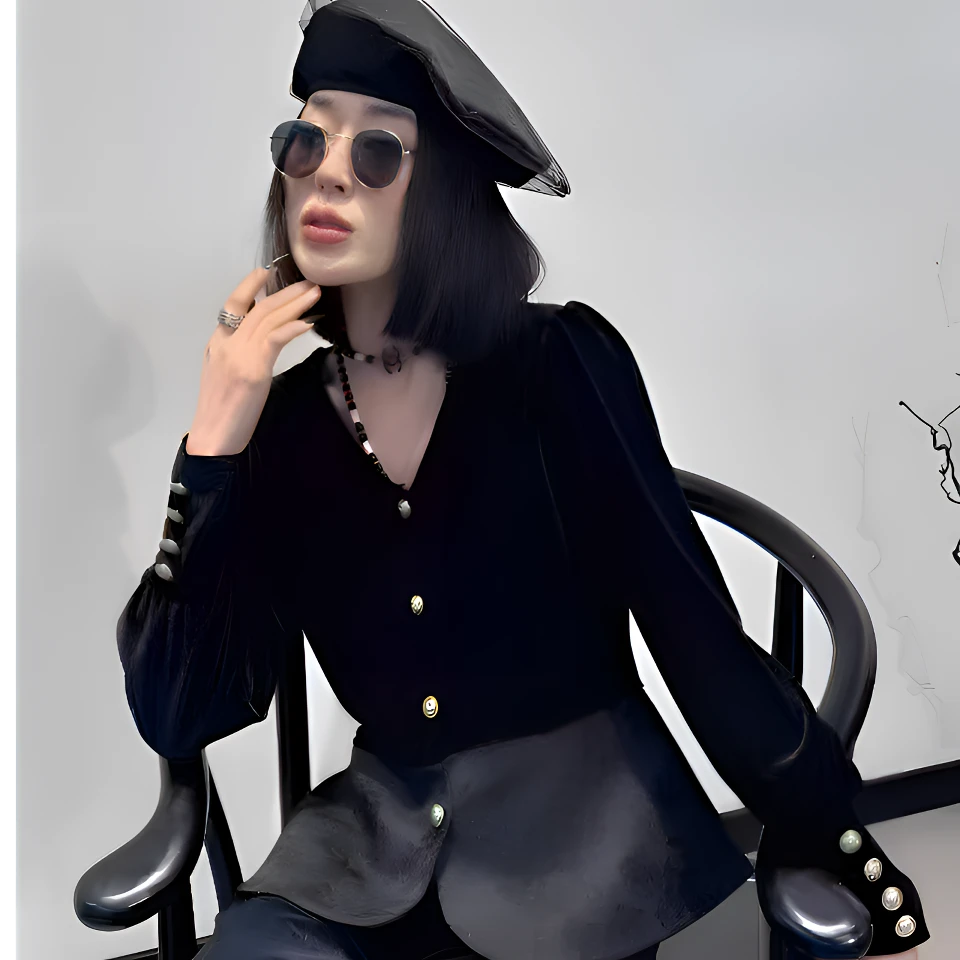 Y•R•M伊然美家丝绒长袖V领纽扣开衫设计感显瘦上衣