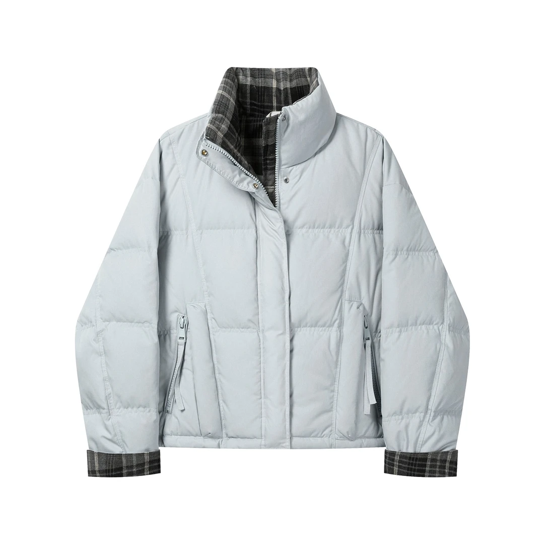 羊城故事-立领格纹羽绒服女秋季新款小个子保暖外套24Y047