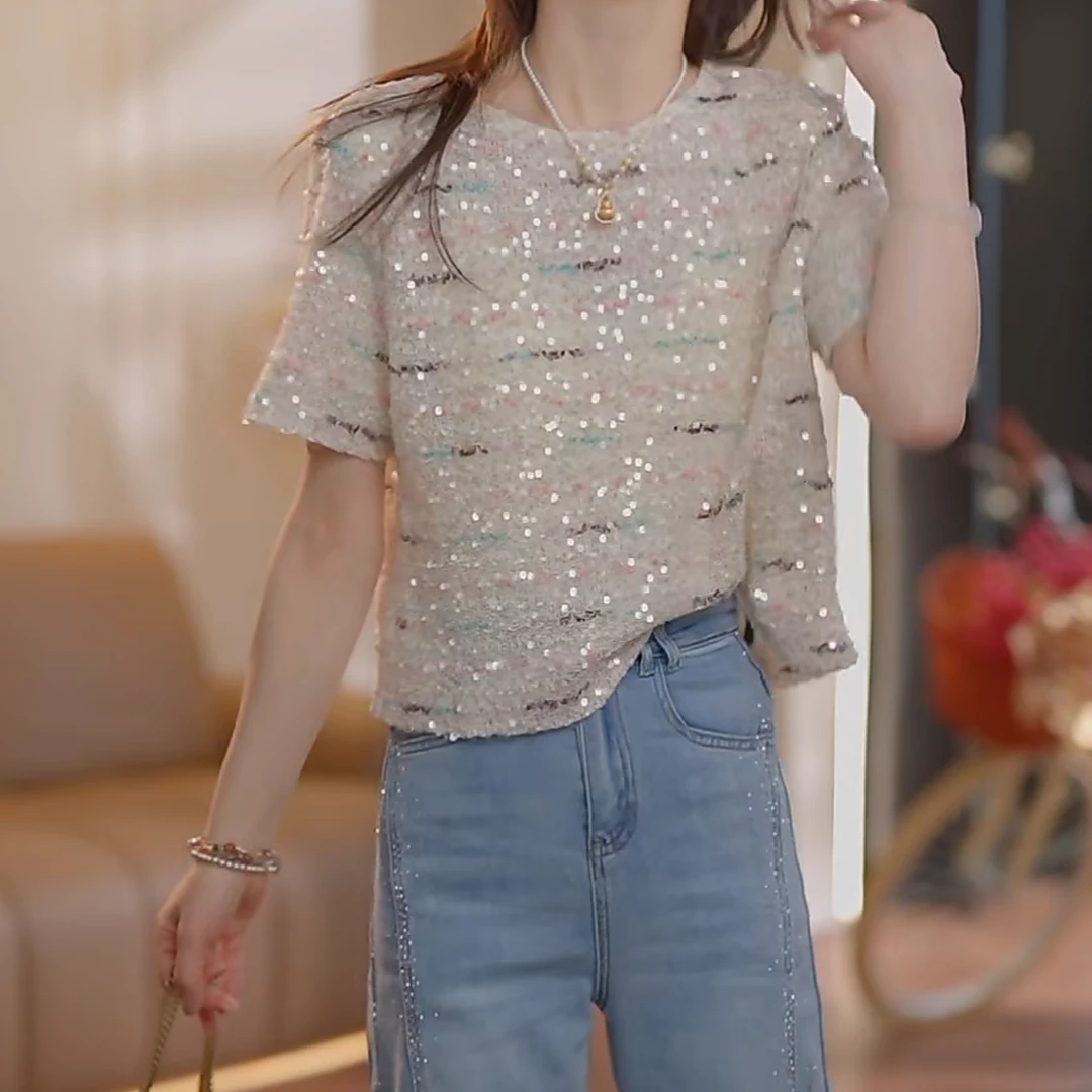 设计感蕾丝圆领短袖亮片彩虹上衣女2025新款夏季小香风圆领针织衫
