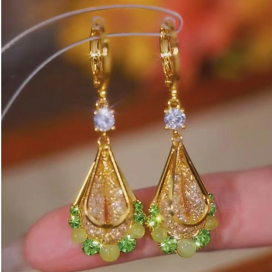 铜合金合成锆石耳饰 绿色日轻奢风耳环彩色金色时尚耳钩镶嵌E42