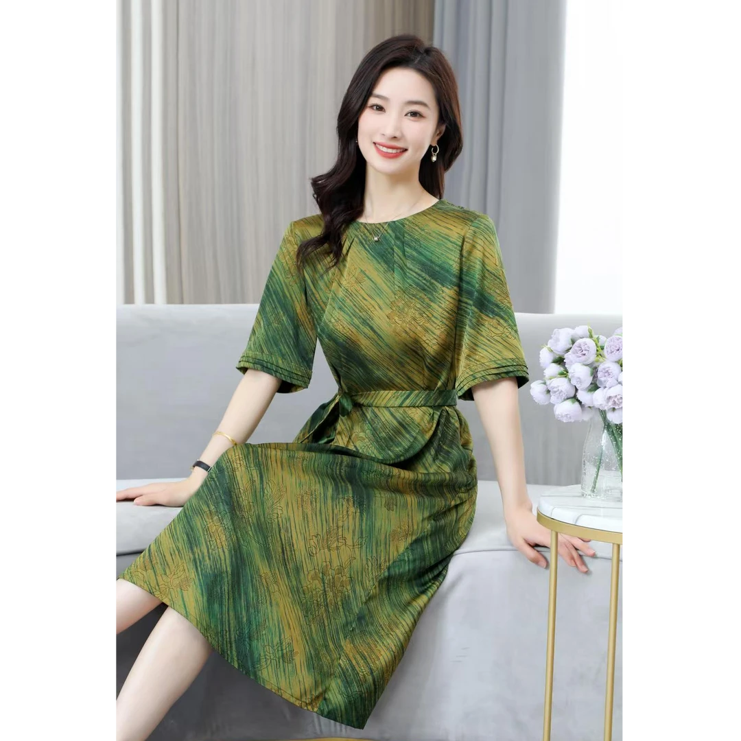 【卿呈新中式】Y1122复古短袖连衣裙渐变斜纹高端大气时尚裙子