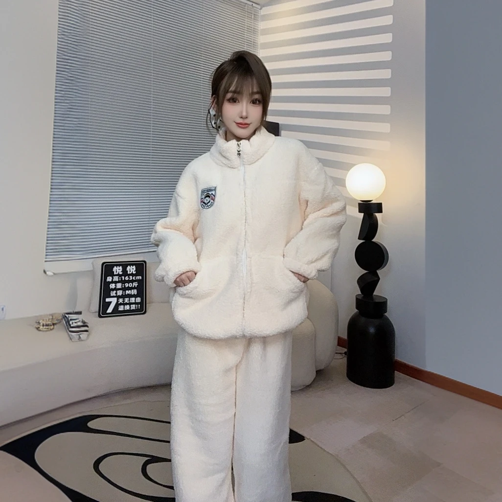 秋冬季条纹款加绒加厚宽松韩版连帽家居服套装