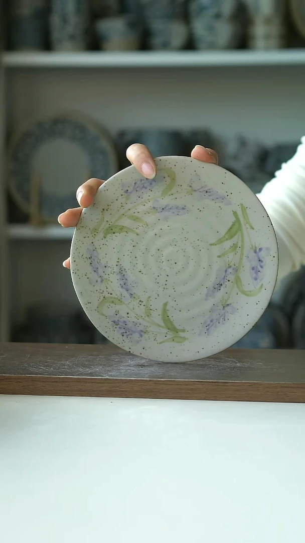 粗陶手绘薰衣草甜品盘16.5cm@4-2@