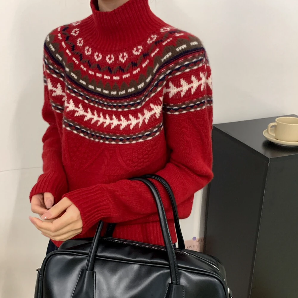 韩系冬季复古民族风费尔岛百搭保暖进阶版半高领打底毛衣