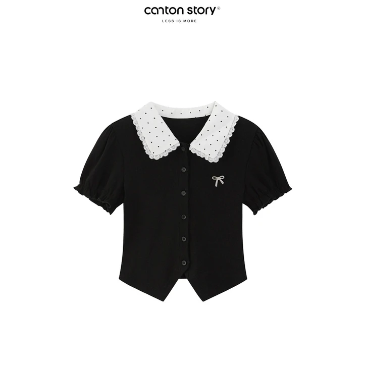 羊城故事 设计感波点撞色翻领短袖t恤女夏甜美修身开衫 Y50148617