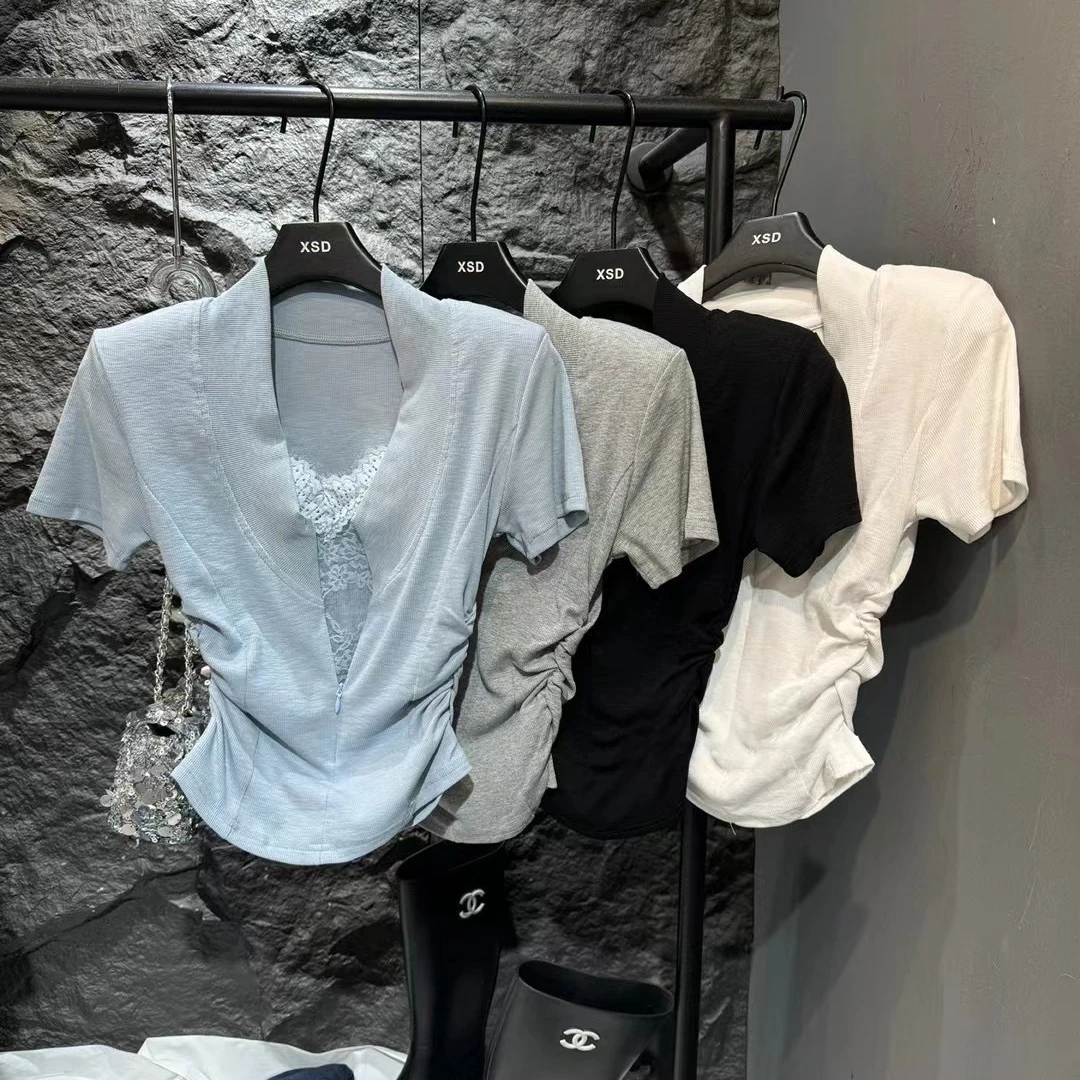 2025夏季新款拼接V领蕾丝花边短袖T恤女韩系修身显瘦百搭褶皱上衣