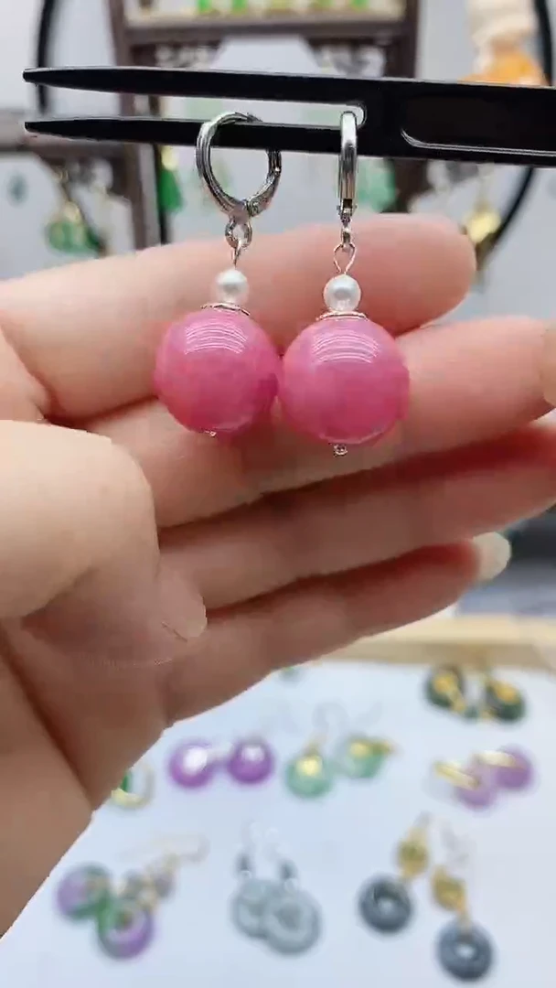 菱锰矿（红纹石）银S925镶嵌耳饰175