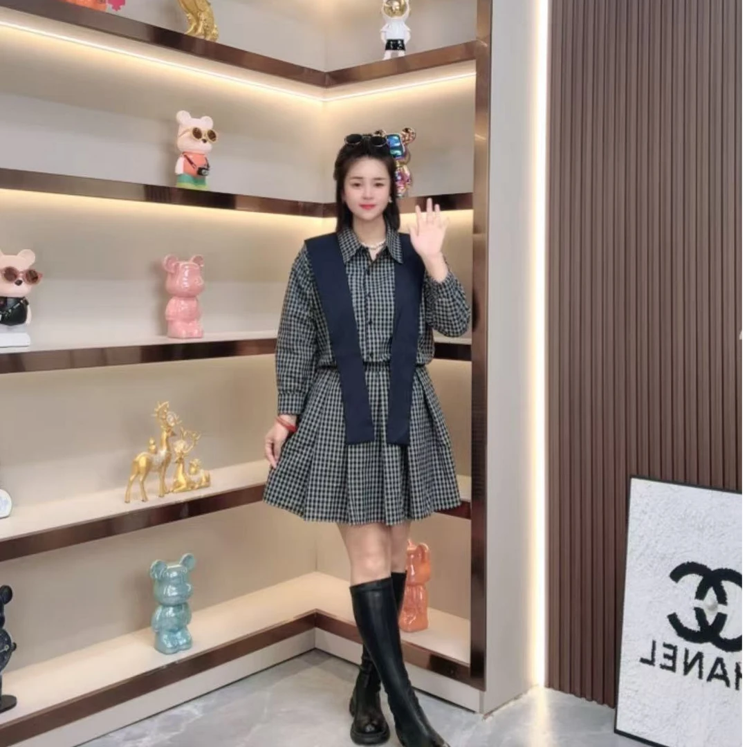 POLO领碎花长袖不褪色日式连衣裙格纹翻领黑色法式