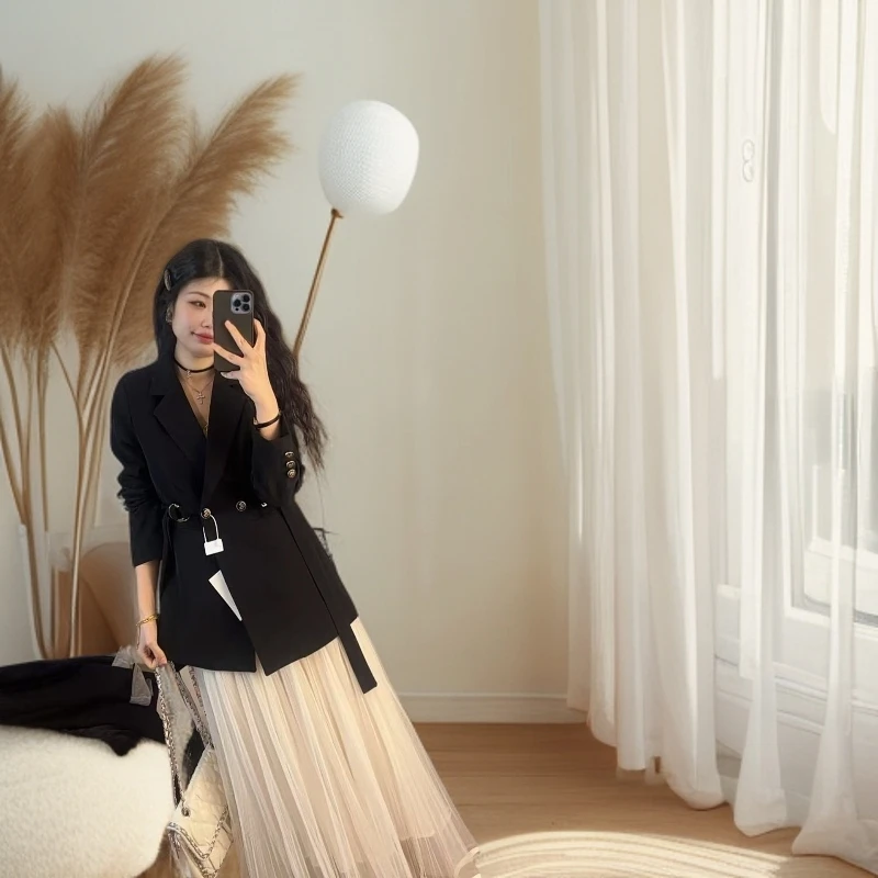 网红经典西服双排扣修身时尚百搭春季新款2025中长款西服小众女装