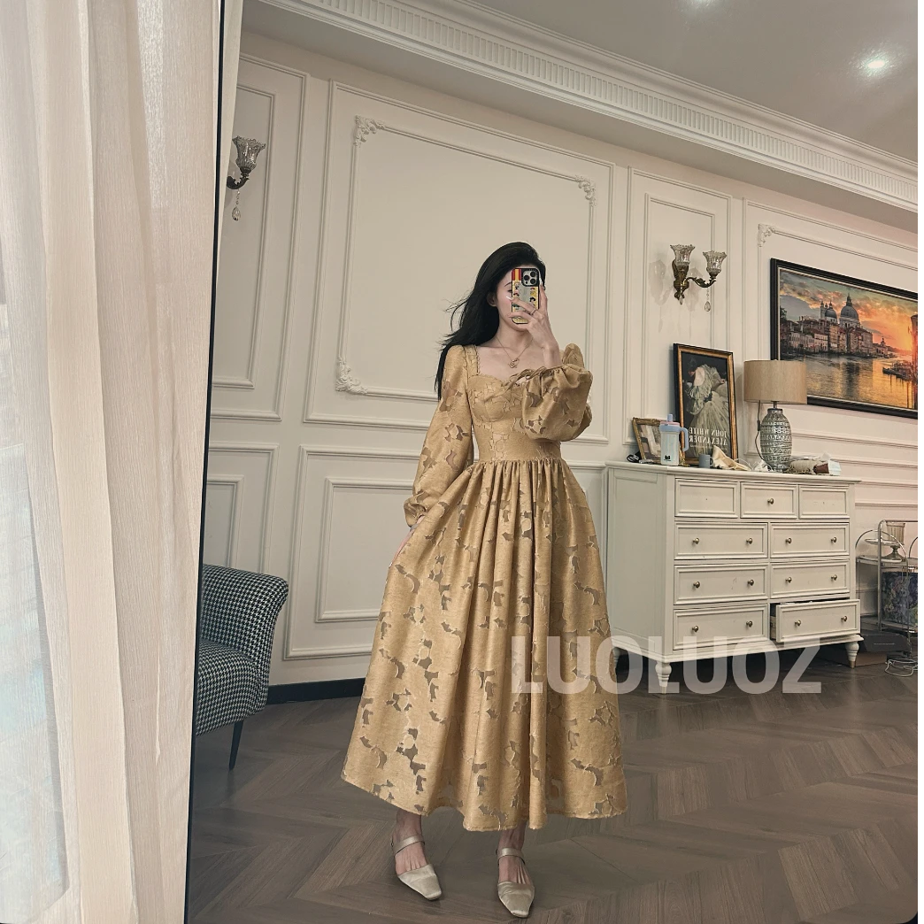 LUOLUOZ【黄裳丽人】高级感新款气质绝美色系收腰长款连衣裙CC026