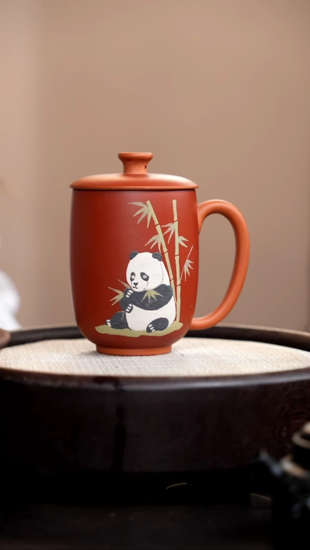 茶壶紫砂朱泥熊猫盖杯