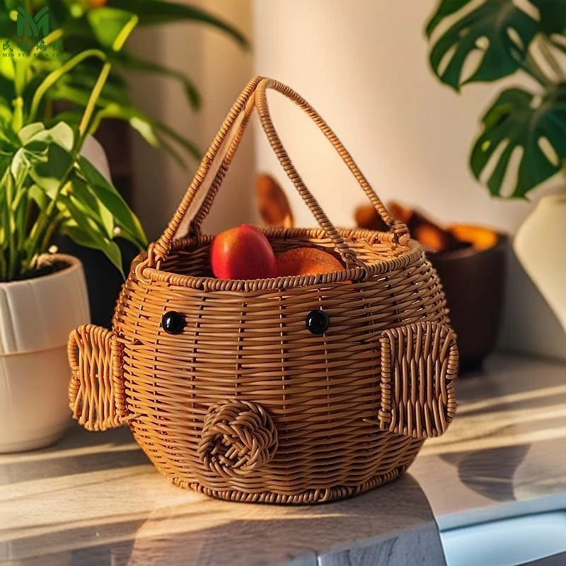 创意动物水果篮客厅零食糖果篮手提篮子仿藤编织筐可爱小猪收纳篮